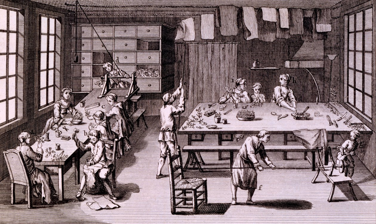 Artificial Flower Shop, illustrasjon fra Encyclopaedia or a Systematic Dictionary of the Sciences, Arts and Crafts av Denis Diderot, utgitt 1765 av French School
