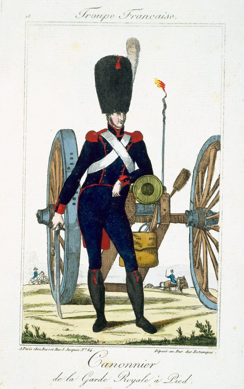Artillerist fra Royal Guard med en kanon, fra Troupes Francaises, pub. hos Basset, Paris, ca. 1790 av French School