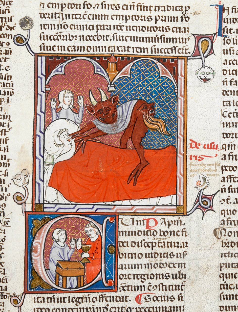 Arundel 484 f.245 En djevel eller demon på sengen til en død person, illustrasjon fra Digestum Vetus med gloss ordinaria, av Justinian, ca.1300-10 (vellum) av French School