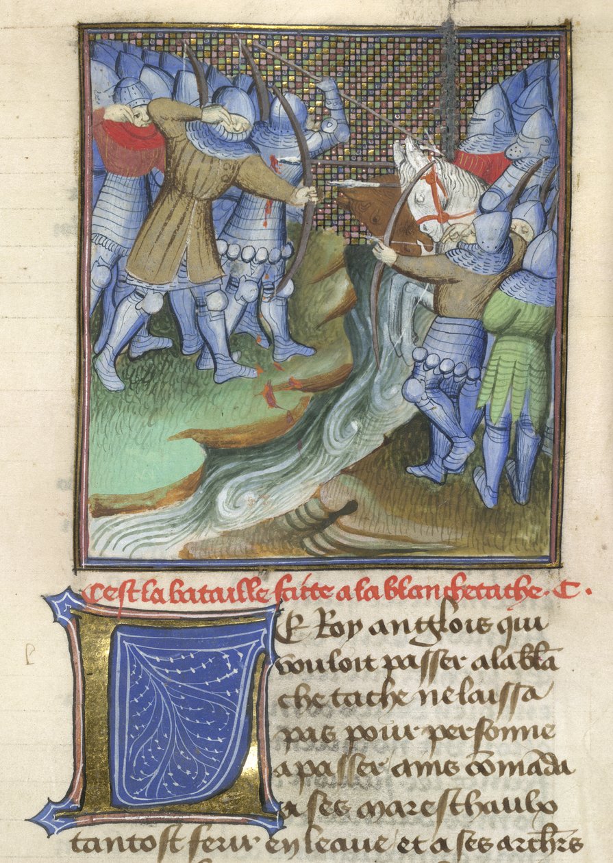 Arundel 67, f.144, middelaldersoldater som kjemper, over en elv, fra Chroniques d