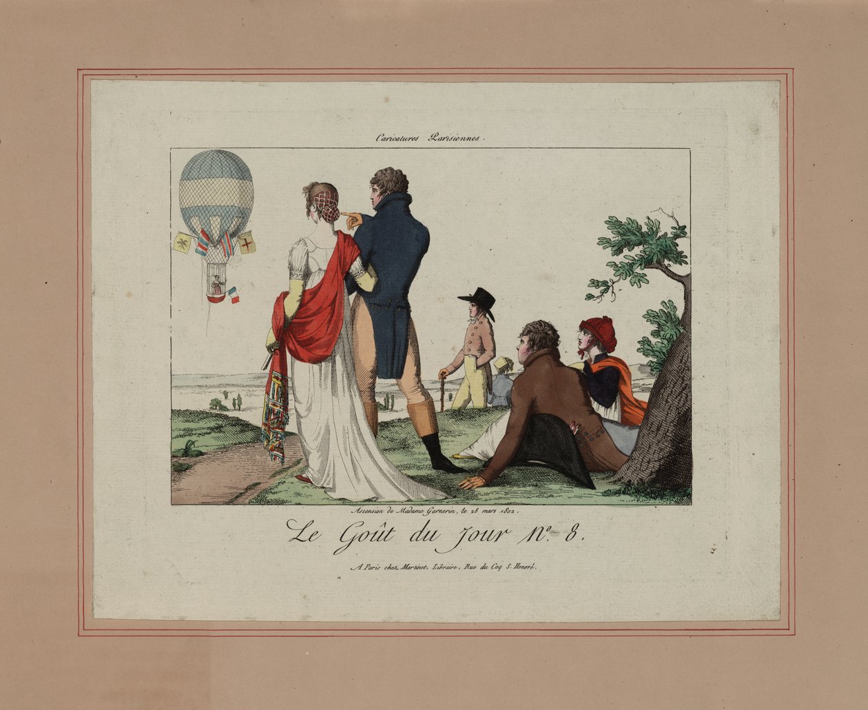 Ascension de Madame Garnerin, 28. mars 1802 (farget etsning) av French School