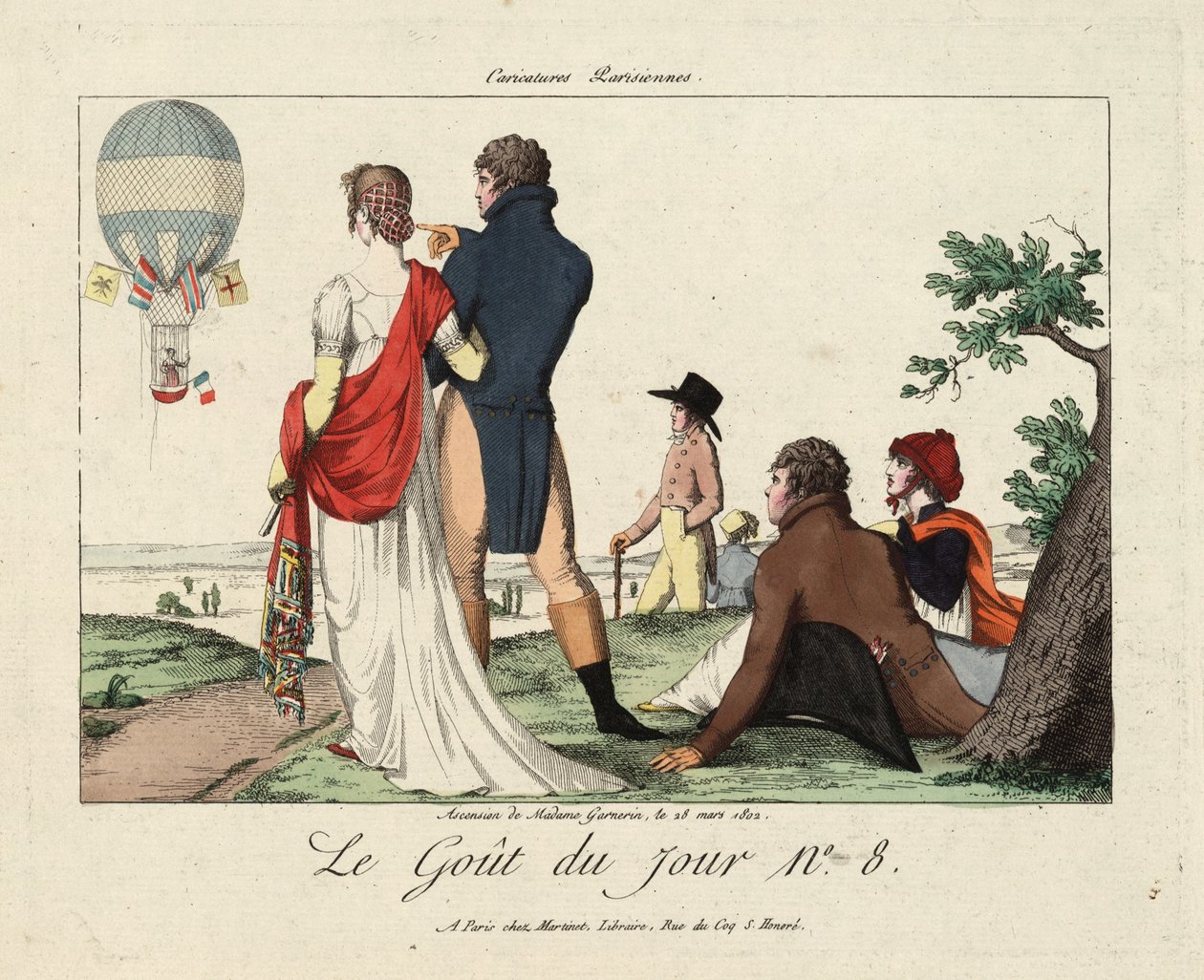 Bestigning av Madame Garnerin, 28. mars 1802, fra Le Gout du Jour nr. 8, ca. 1870, (håndfarget gravering) av French School