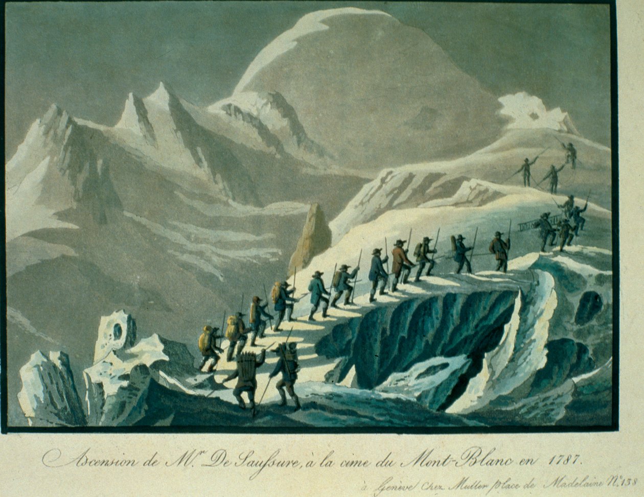 Ascent of Mr. De Saussure to the Summmit of Mont Blanc i 1787, fra A Narrative of an Ascent to the Summit of Mont Blanc av Charles Fellows (1799-1860), publisert 1827 av French School