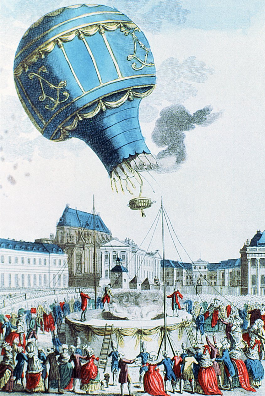 Oppstigning av Montgolfier-brødrene varmluftsballong før kongefamilien i Versailles i 1783 (fargegravering) av French School