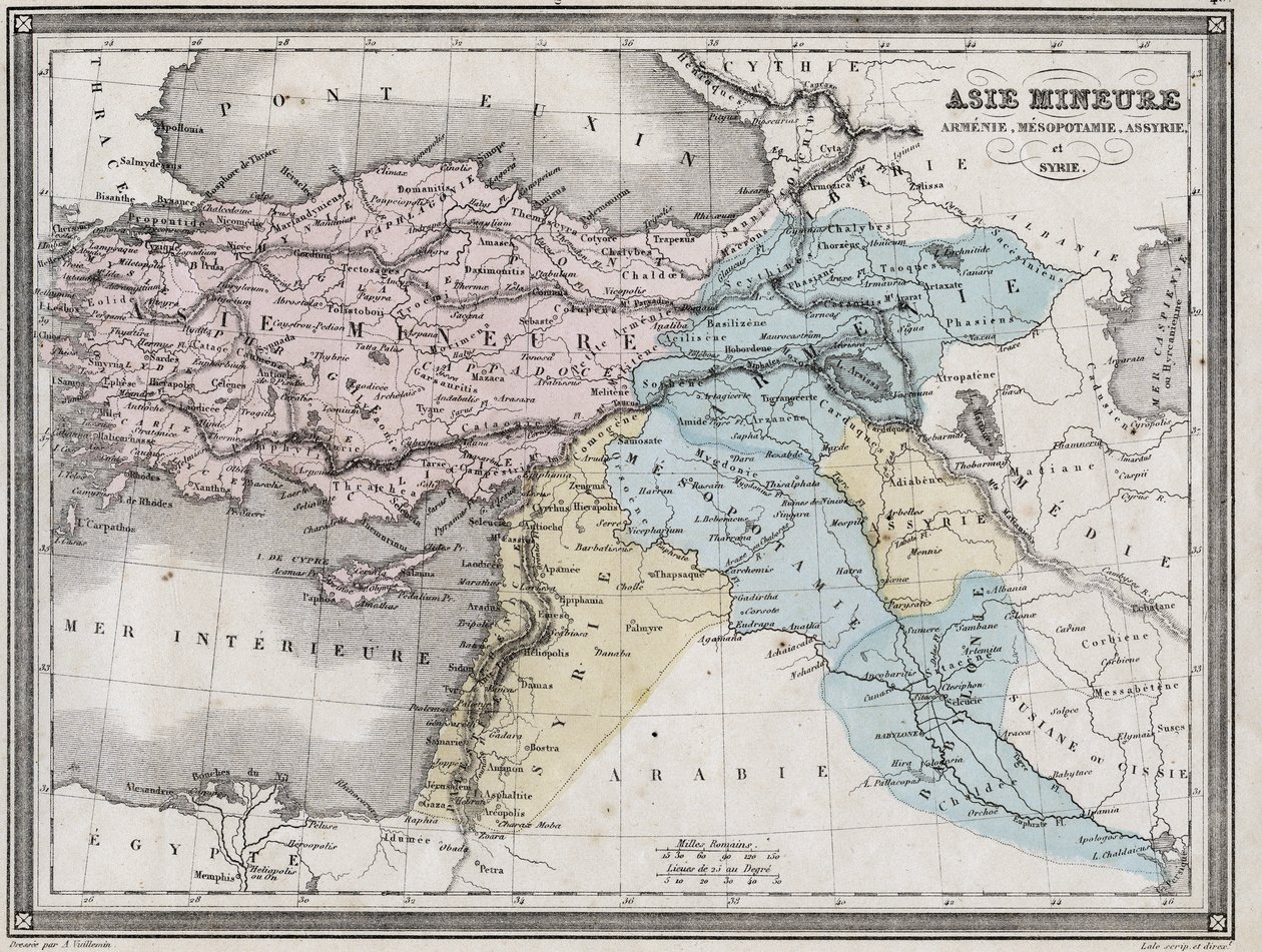 Lilleasia, Armenia, Mesopotamia, Assyria og Syria i antikken - Plate hentet fra "" Universal Atlas of Ancient and Modern Geography for the Use of Residential Schools"" av Vuillemin - ca. 1845 av French School