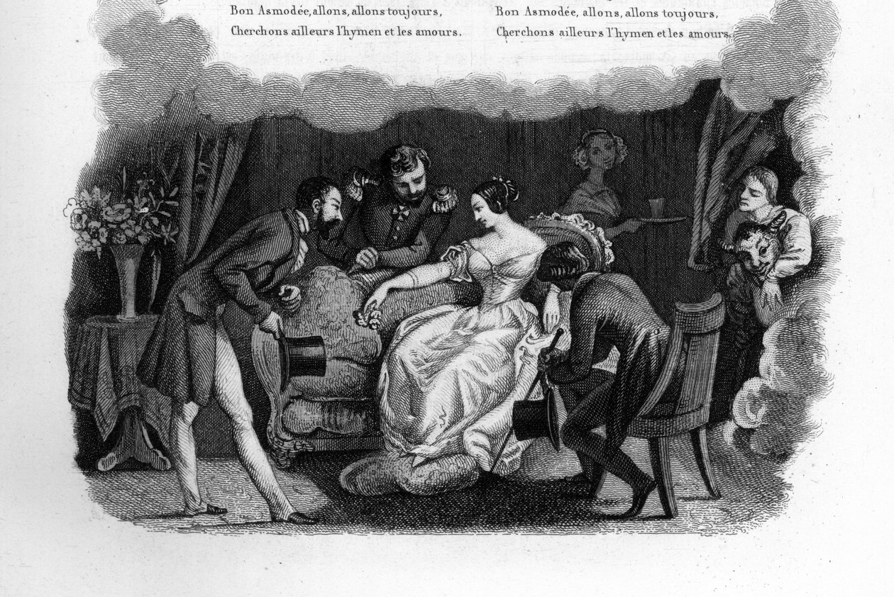 Asmodee. En vakker ung kvinne i en stue kurtisert av tre pretendenter, inkludert en dandy og en soldat. Gravering i "" Chants et chansons populaire de la France", Tome 2 av French School