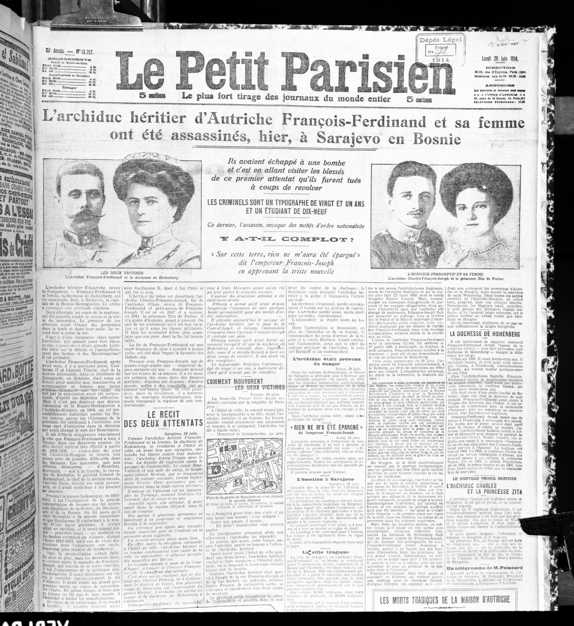 Attentatet på erkehertug Franz Ferdinand av Østerrike (1863-1914) og hans kone, fra Le Petit Parisien, 29. juni 1914 av French School