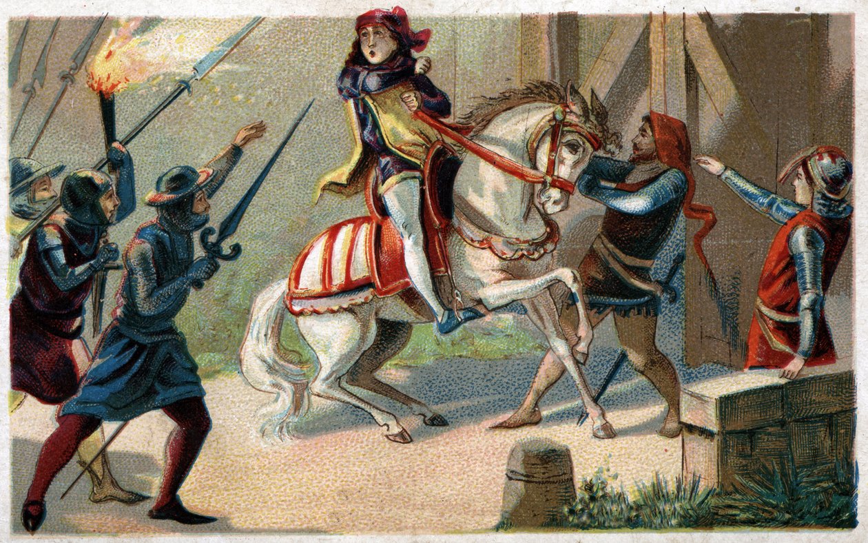Attentat på Etienne Marcel, rik draper og Prevot des merchants (1316-1358) av sjefen Jean Maillart, en av lederne for det royalistiske partiet, i juli 1358. Kromolitografi fra slutten av 1800-tallet. av French School