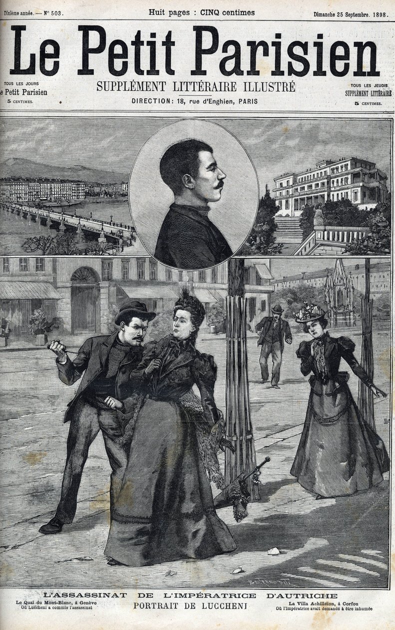 Assassination of the Impress Elizabeth of Austria (Sissi) by the Italian anarchist Luccheni in Geneva in 1898. Cover of “” Le petit Parisien”” of 1898 - The Assassination of Empress Elisabeth of Austria (Sissi) by Italian anarchist Luigi Lucheni, in Geneva av French School