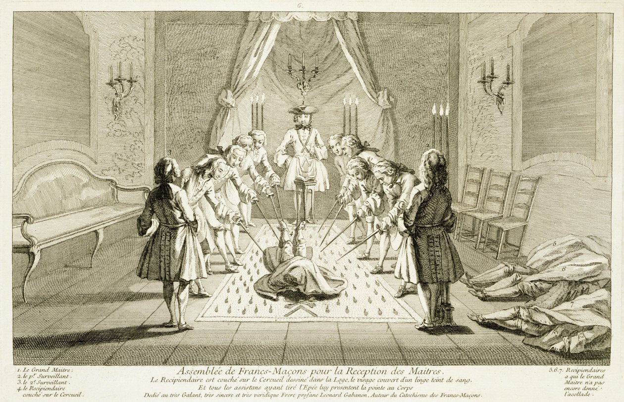 Forsamling av frimurere for initiering av en mester, fra The Ceremonies of Religion and Custom, ca. 1733 av French School