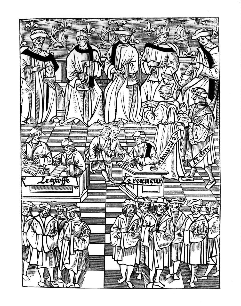 Forsamling av Provostship of the Merchants of Paris, etter et tresnitt i Ordannances Royaux de la Jurisdiction de la Prevote de Marchands et Eschevinage de la Ville de Paris av Jacques Nyverd, publis. av French School