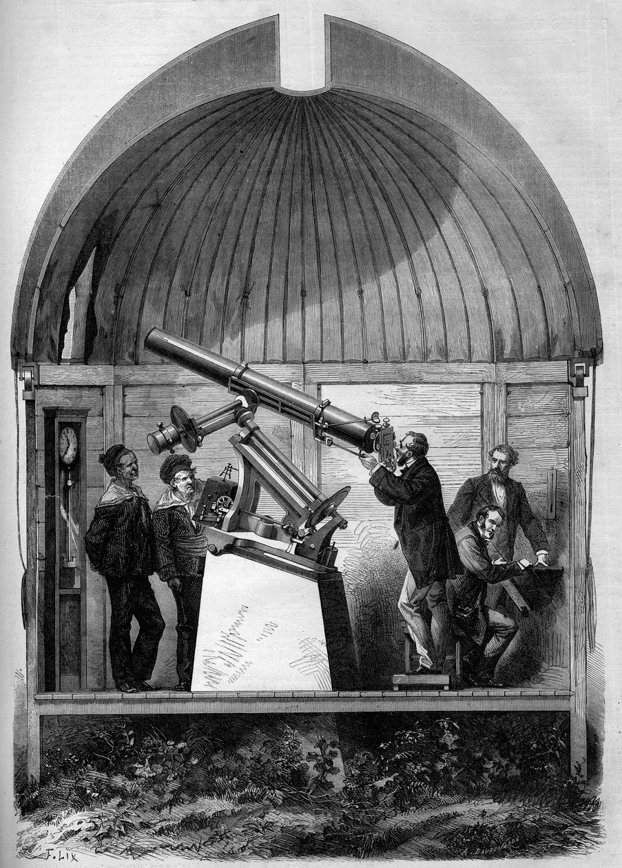 Astronomi: Fransk astronomisk ramme fraktet til Yokohama (Japan) for å observere planeten Venus som passerer solen. Gravering i "" Le Monde Illustré"" nr. 904 av 8. august 1874. av French School