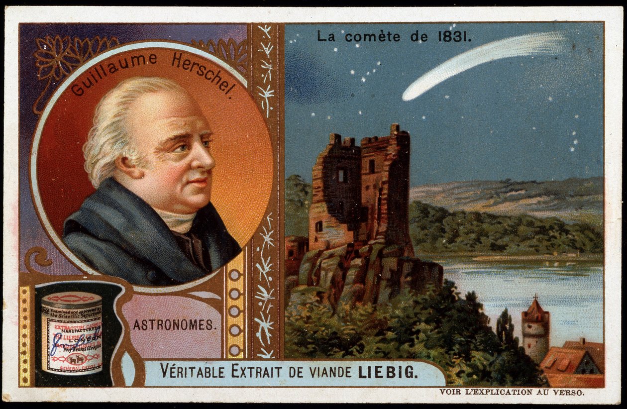 Astronomi: kometen fra 1831, med portrettet av William Herschel (Friedrich Wilhelm Herschel) (1738-1822) - Liebig-kromolitografi av French School