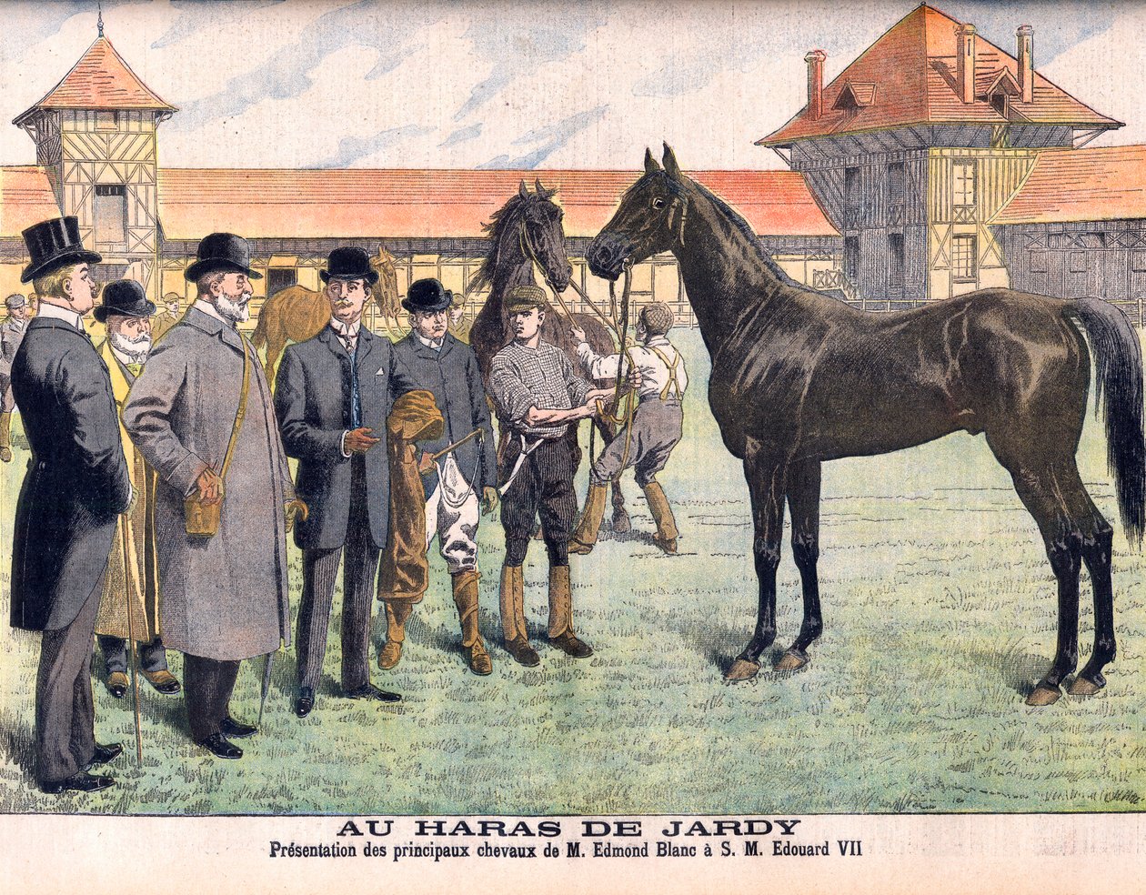 At the Jardy stud farm outside Paris (Marnes-la-Coquette). Breeder Edmond Blanc showing his best horses to King Edward VII. The Jardy Stud. Presentation of Mr Edmond Blanc