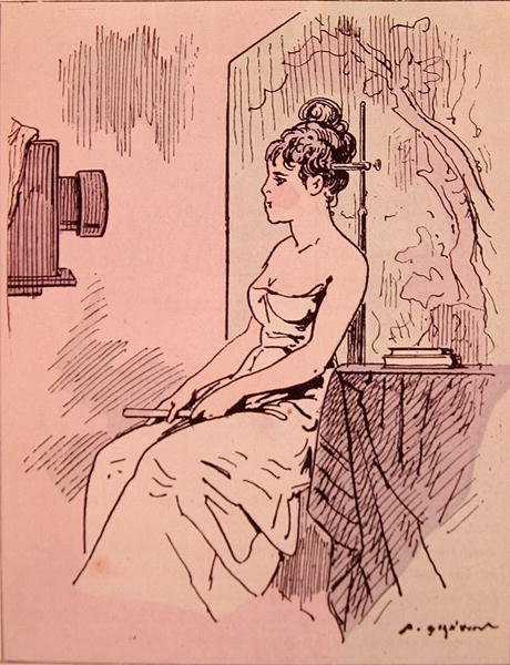 Hos fotografen i fotografiets tidlige dager: Dame som krever at fotografen ignorerer frisyren hennes og gir henne mer hår (litho-farge) av French School