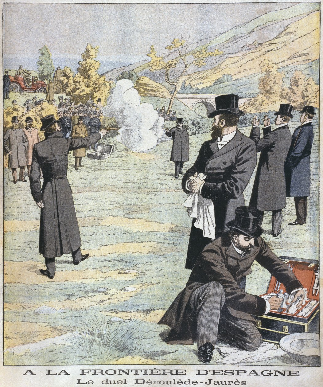Ved den spanske grensen, duell mellom Paul Deroulede og Jean Jaures, illustrasjon fra Le Petit Journal: Supplement illustre, 18. desember 1904 av French School