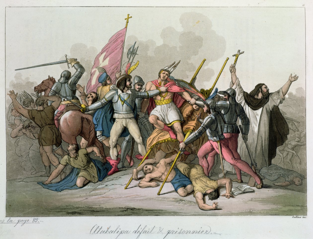 Atahualpa (ca. 1502-33) beseiret og tatt til fange av troppene til Francisco Pizarro (ca. 1478-1541) 1820 av French School