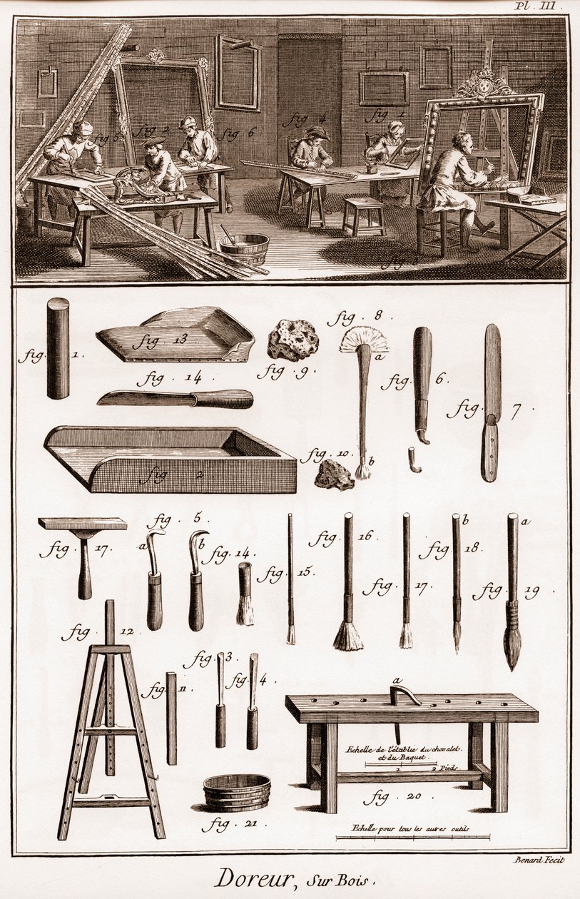Verksted for en treforgyller - "" The Great Encyclopedia, eller Dictionnaire Raisonne des Sciences, des Arts et des Metiers" (Encyclopedia or Dictionary of the Sciences, Arts and Professions) av Denis Diderot (1713-1784) og Jean d'Alembe av French School