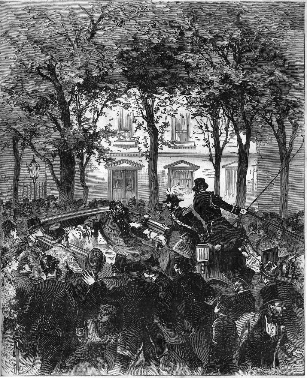 Angrep mot den tyske keiseren Vilhelm II (1797-1888), Berlin, 2. juni 1878: keiseren ble skadet av et skudd avfyrt av den tyske anakisten Karl Nobiling. Gravering i "" Le Monde Illustré"" n¡1106 av 8. juni 1878. av French School