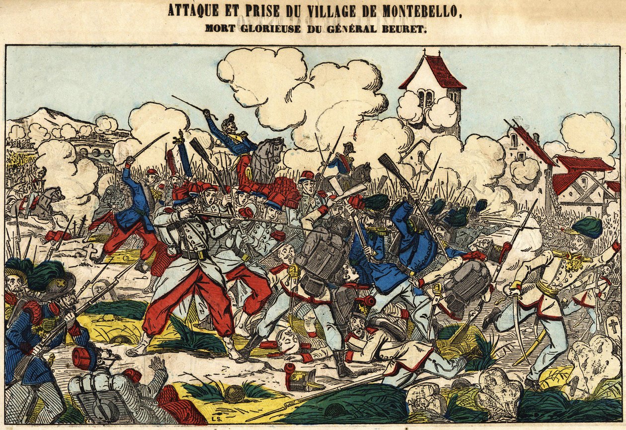 Attack and capture of the village of Montebello, the glorious death of General Beuret in 1859. Picture of Epinal av French School
