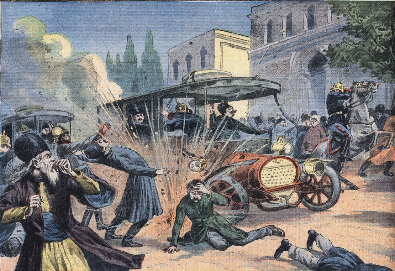 Angrep på sjahen av Persia Mohammad Ali Shah Qajar (1872-1925). Gravering fra avisen "Le Petit Parisien"" av French School