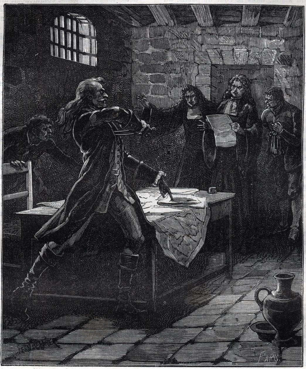 Attempted suicide of Marquis Thomas Arthur, Baron de Tollendal, Count of Lally (1702 - 1766), French general of Irish origin at the time of the announcement of his death sentence for treason by the Paris parliament in 1766. Engraving of the 19th century. av French School
