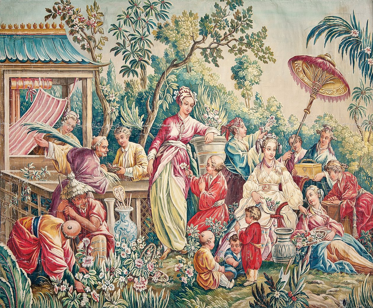 Aubusson tegneserie for et veggoppheng av figurer i en orientalsk hage av French School
