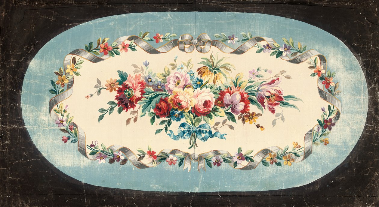 Aubusson-design for en sofarygg eller seterygg med spray av blandede blomster innenfor bånd- og blomsterkanter av French School