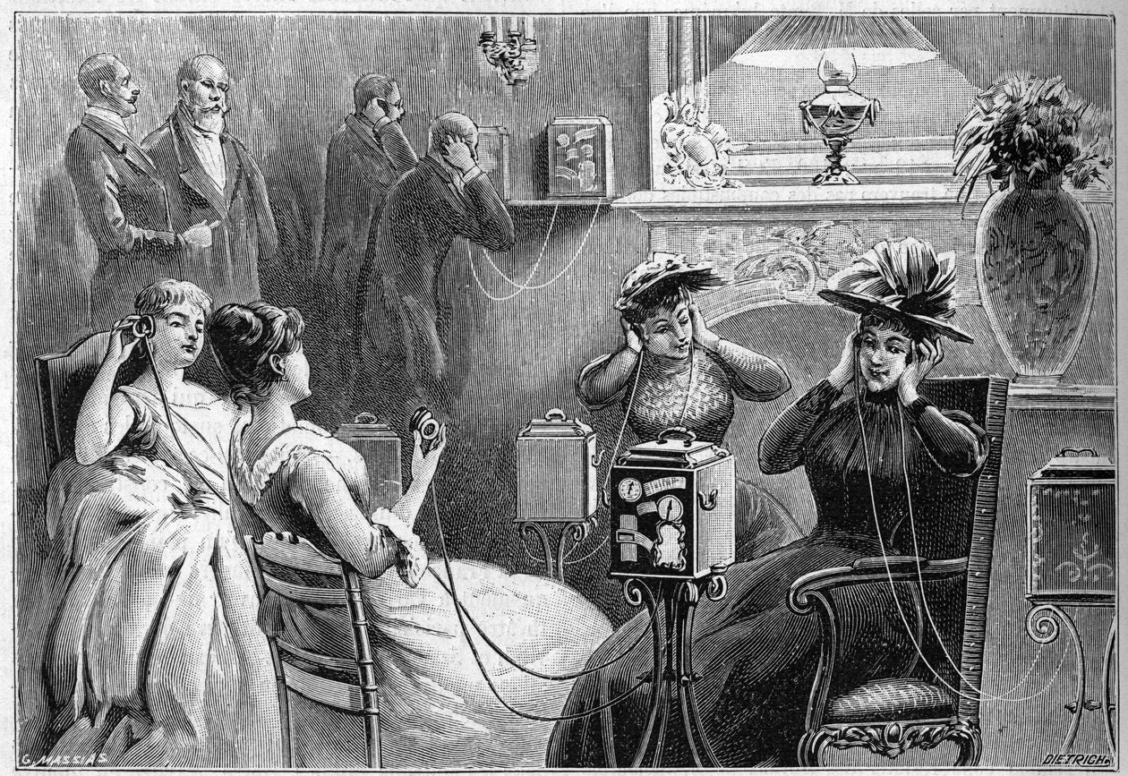 Audition av Theatrophone (teaterprøver hjemme) i salongen på et storslått hotell i Paris i 1892. av French School