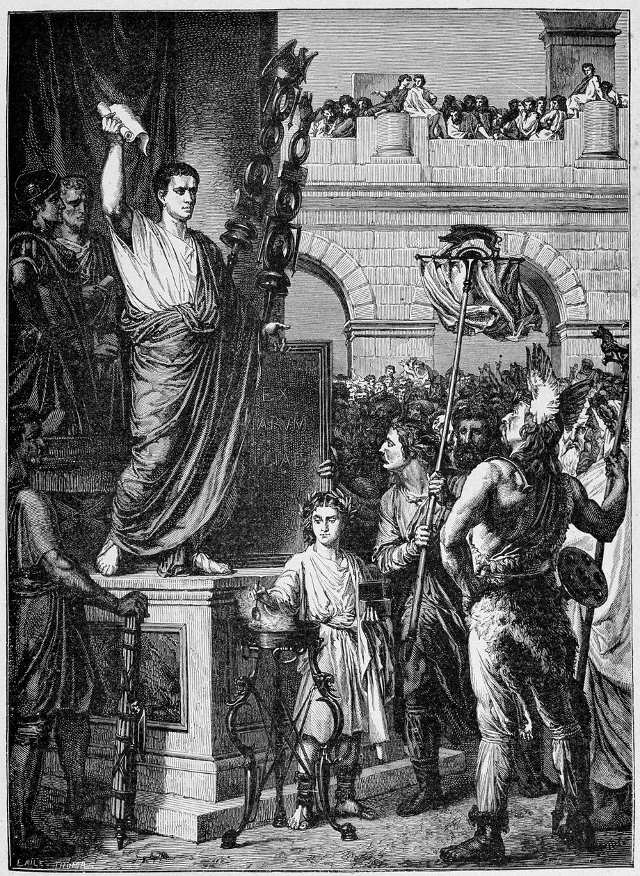 Augustus (Octavian eller Octavian) (63 f.Kr. - 14 e.Kr.) presenterer grunnloven til varamedlemmene i de tre provinsene i det keltiske Gallia samlet i Lyon (år 10 e.Kr.) - i "Frankrike og franskmennene gjennom århundrene"" av French School