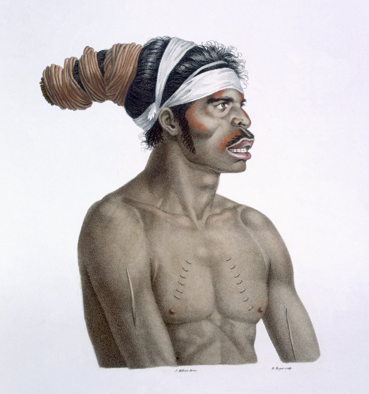 Australian Aborigine, en mann kalt Cour-rou-bari-gal, fra New Holland, 1812 av French School