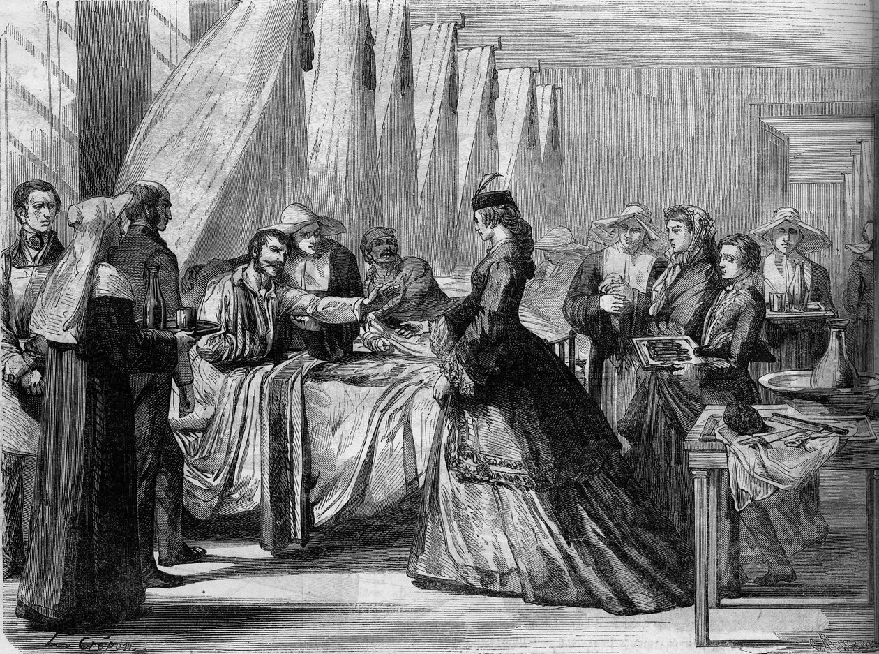 Østerriksk-prøyssisk krig (1866): Imponer Elizabeth av Østerrike (Sissi) (1837-1898) besøker sårede soldater i Wien. Gravering i "" Le Monde Illustré"" nr. 486 av 4. august av French School