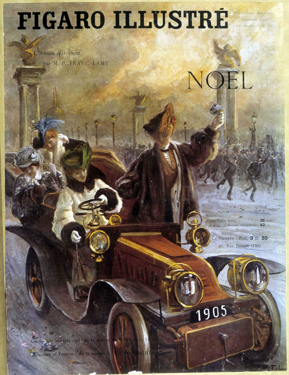 Bil Dion-Bouton 1905 og frakker og pelsverk Grunwaldt - i "" Le Figaro Illustré", desember 1904 av French School