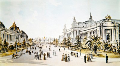 Avenue Nicholas II som viser Grand Palais og Petit Palais under Exposition Universelle i Paris, illustrasjon fra 