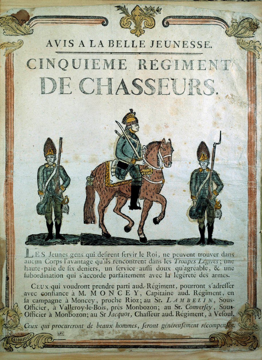Avis à la Belle Jeunesse, rekrutteringsplakat for 5. jegerregiment 1700-tallet. Paris, Musee de l