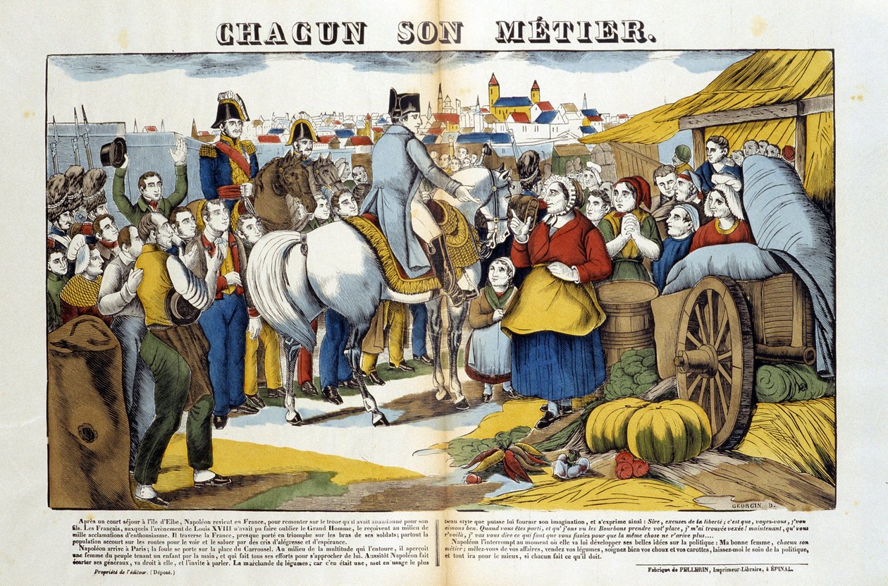 Tilbake fra øya Elba ble Napoleon møtt med entusiasme av franskmennene. Bilde av Epinal av French School
