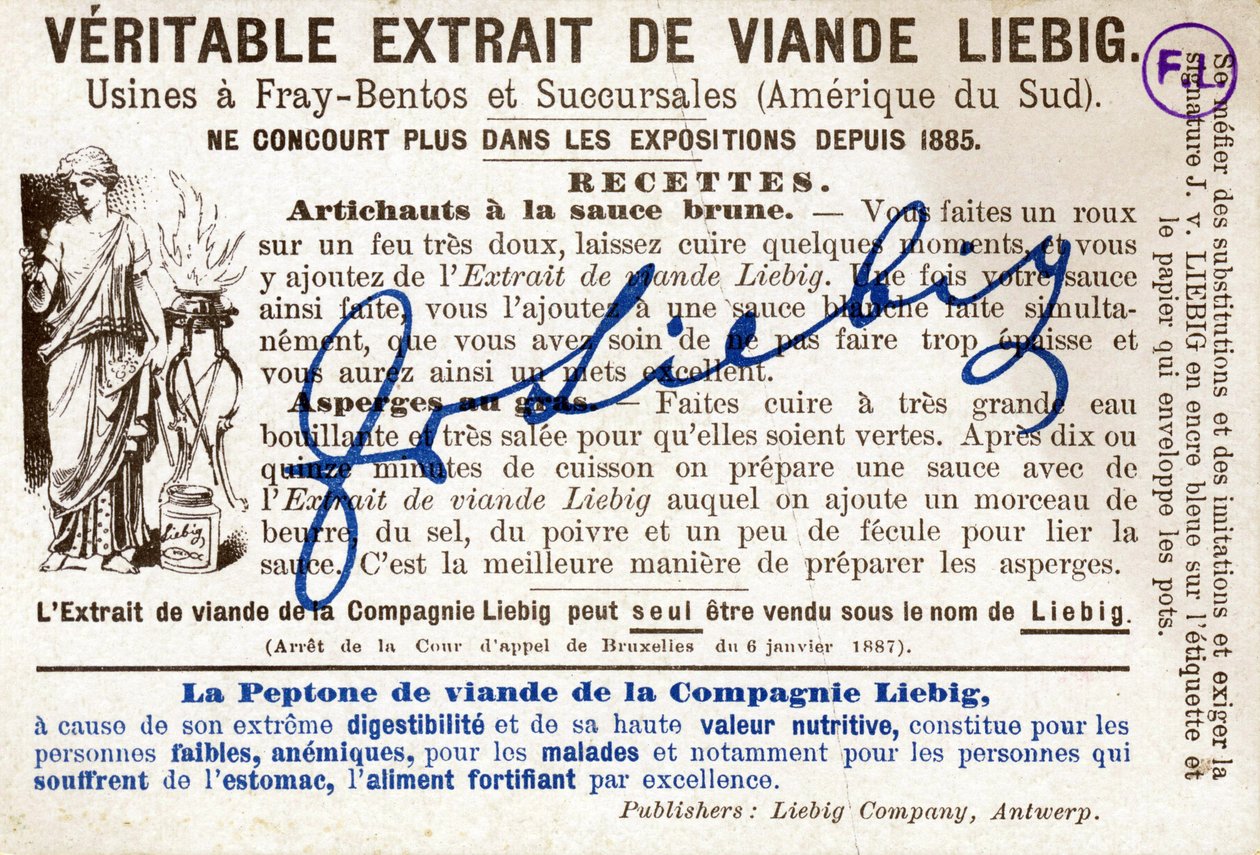 Baksiden av Liebig-kort) med oppskrift på artisjokker med brun saus. Reklamekromolitografi av French School