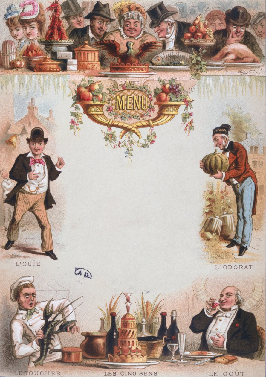Bakgrunnstrykk for en meny som viser de fem sansene, sent på 1800-tallet (farge litho) av French School