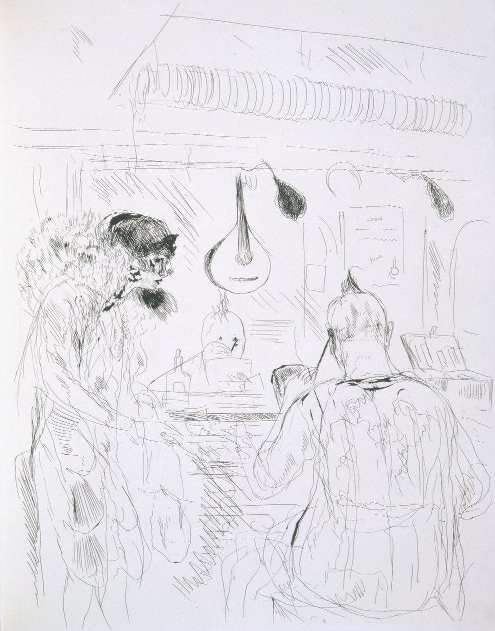 Scene bak scenen på et Paris Bal de Nuit eller sirkus, fra Paris Sketches: Etchings by Forain and Raffaelli, 1880 av French School