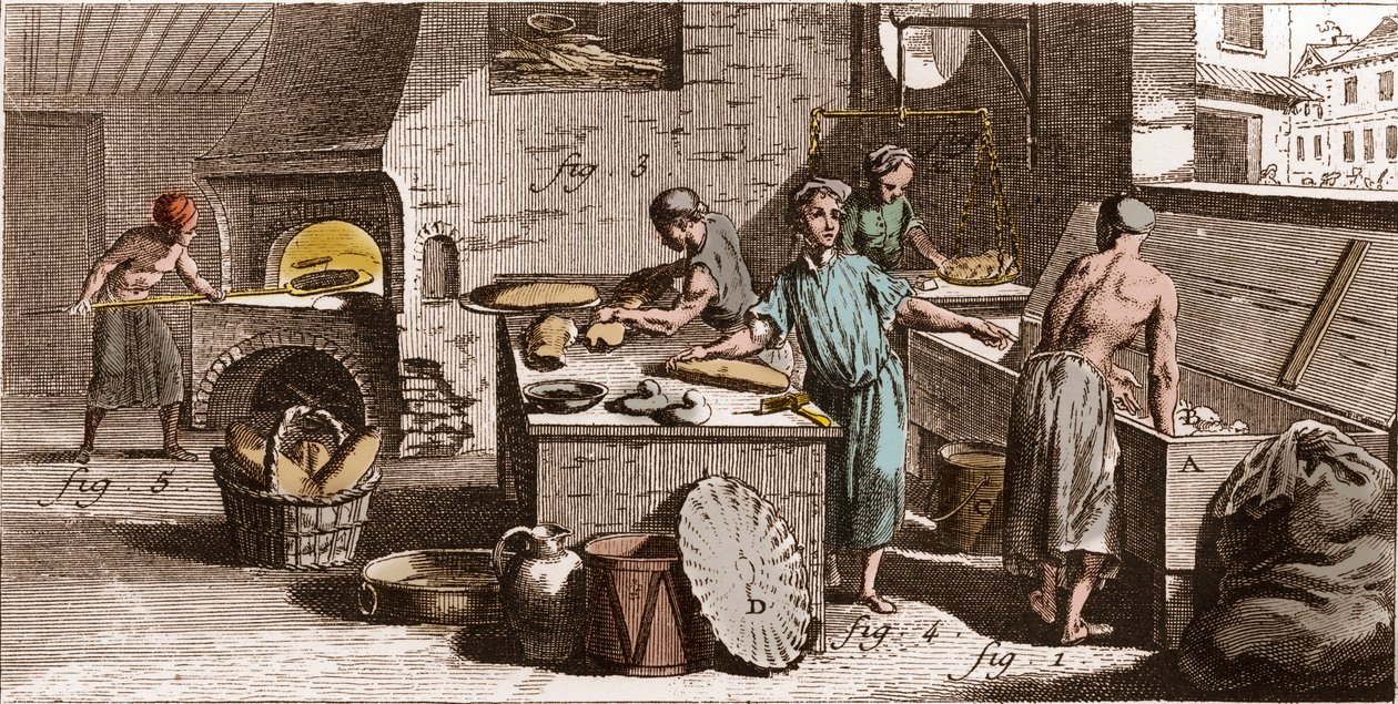 Bakeri - Et bakeri - "" The Great Encyclopedia, eller Dictionnaire Raisonne des Sciences, des Arts et des Metiers" (Encyclopedia or Dictionary of the Sciences, Arts and Professions) av Denis Diderot (1713-1784) og Jean d'Alembert (1717)  av French School
