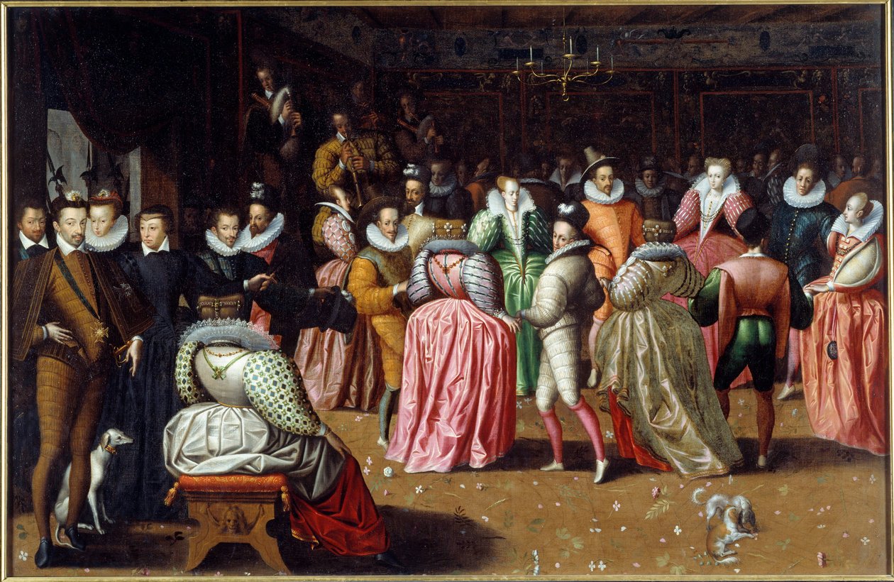 Bal ved hoffet til kong Henry III og dronning Catherine de Medicis (Caterina de Medici) kjent som hertugen av Alencons bal. De suverene er representert til venstre, inkludert dronning Margot (Margarita av Navarre eller Valois (1553-1615). Maleri av F av French School