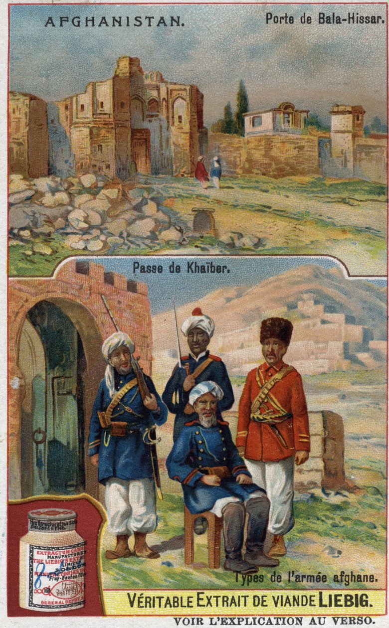 Bala-Hissar-porten i Afghanistan og soldater fra den afghanske hæren ved Khaiber-overgangen. Reklamekromolitografi fra 1800-tallet. av French School