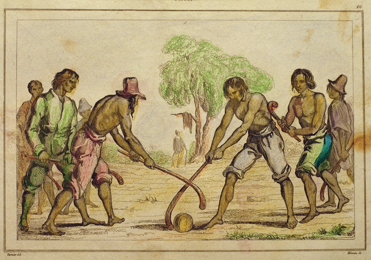 Ballspill, populære skikker hos de chilenske indianerne (håndfarget gravering) av French School