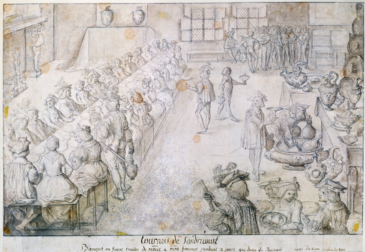Bankett ved Sandricourt-turneringen i 1493 (brunt blekk og blyant på papir) av French School