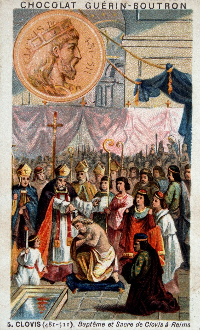 Dåp og helligdom av Clovis i katedralen i Reims, 25. desember 496, av Saint Remi, eveque av Reims. av French School