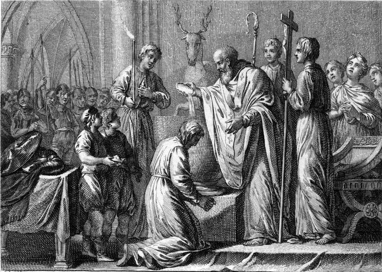 Bapteme av Clovis 1., 25. desember 496: kongen av frankene (466-511) blir døpt av Saint Remi (437-533), eveque av Reims, i Saint Martin-kirken. Gravering fra 1700-tallet. av French School