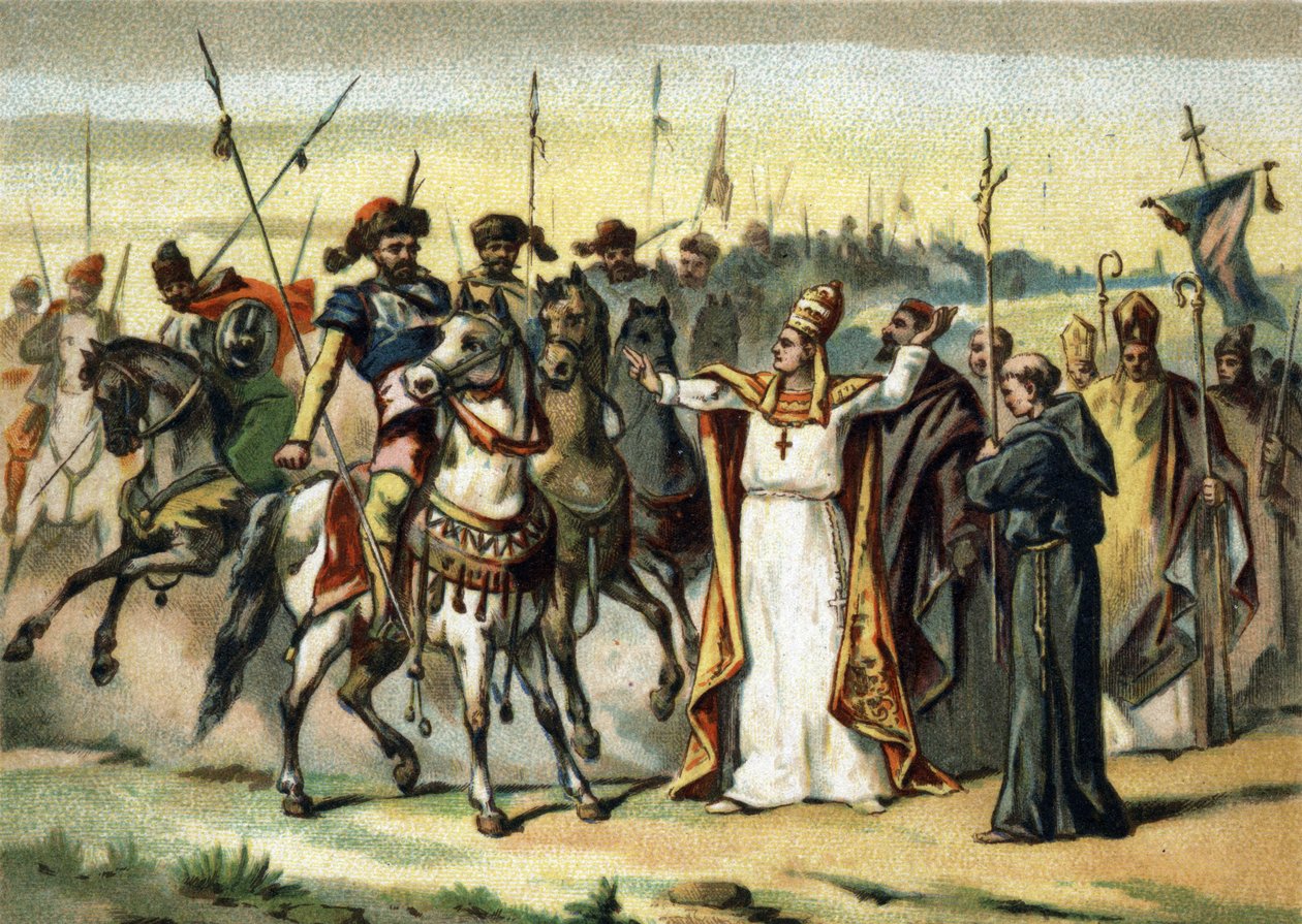 Barbariske invasjoner - Attila og Saint Leon I den store (440-461): barbaren Attila, leder for hunerne, møter pave Saint Leon den store som klarte å overbevise ham om å skåne Italia. Kromolitografi fra slutten av 1800-tallet av French School