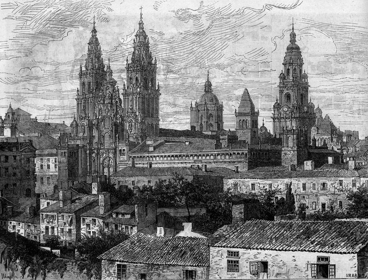 Baroque art: view of the Cathedral of Santiago de Compostela (Santiago de Compostela). Spain. Engraving in “” Le Monde Illustré”” n°1220 of 14 August 1880. av French School