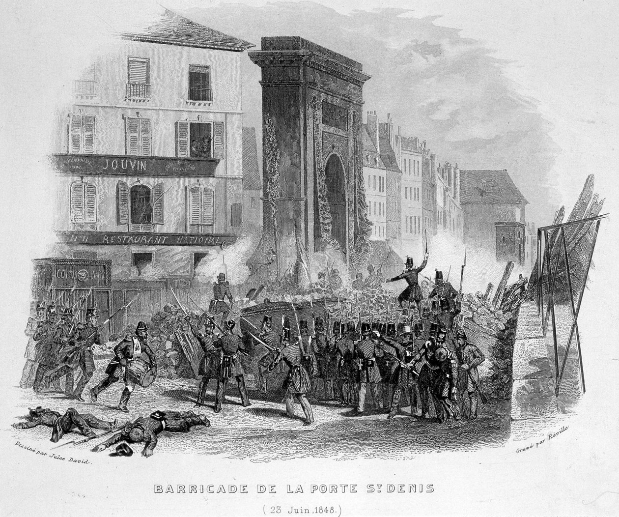 Barrikaden av Porte Saint Denis (23. juni 1848) - i "Fasttes de Gardes Nationales de France"" av French School