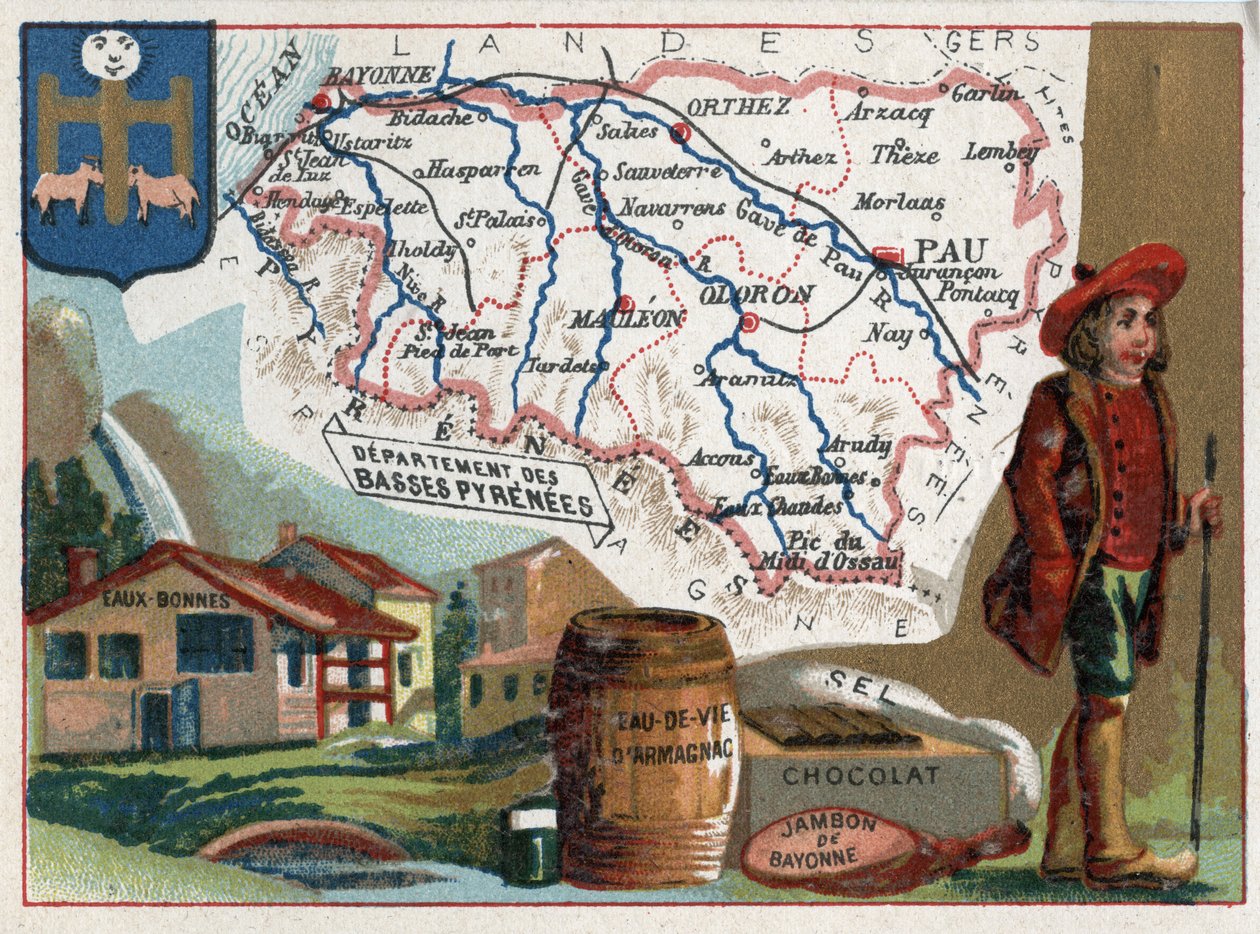 Baser Pyrenees, nå Pyrenees-Atlantiques (Pyrenees Atlantiques, 64), Aquitaine, Frankrike. De termiske badene til eau-bonnes (vanngodt), Armagnac-konjakk, sjokolade, salt og bayonneskinke. Serie om de franske avdelingene. Kromolitografi (Chromo)" av French School
